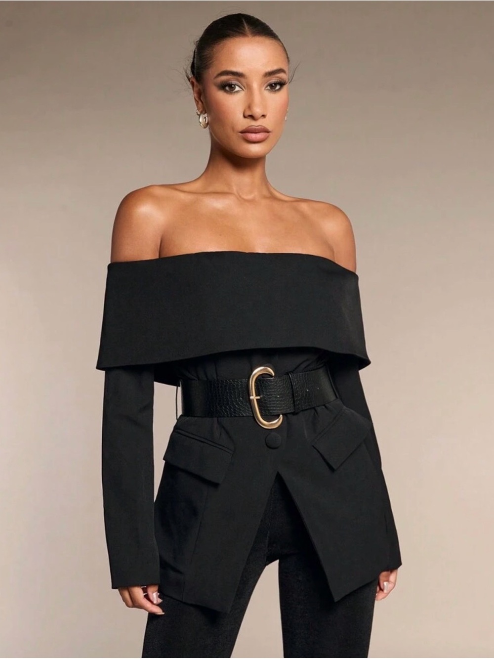 New Arrivals! Off-Shoulder Black Belted Blazer